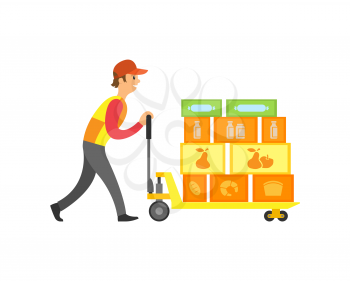Loader worker in supermarket with boxes on machine with wheels vector. Working male pushing storage and orders of market. Containers with goods inside