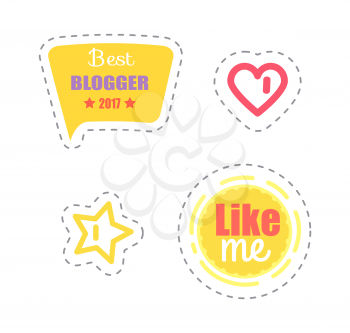 Like me and best blogger award isolated stickers set vector. Patches and icons of heart popularity sign and star. Thought bubble and chatting box