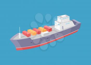 Cargo ship marine commercial vessel vector icon isolated on blue. Transportation boat full of containers export goods, shipping and delivering by water