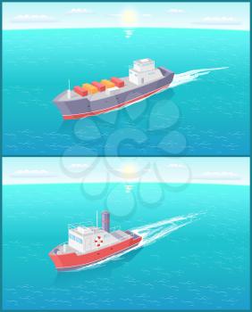 Steamboat marine transport vessel and cargo ship sailing and leaving traces in water. Transportation sailboat on skyline, speedboat floating vector icon