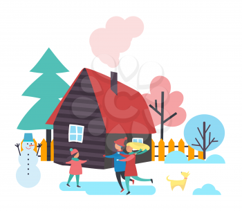 Trees and houses, winter season people spending time outdoor vector. Family of mother, father and child skating on ice. Built snowman with bucket
