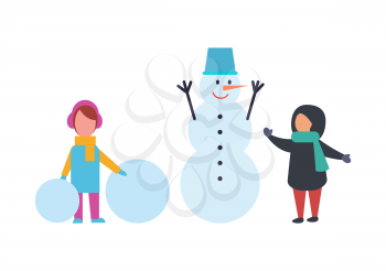 Winter holidays children playing outdoor together vector. Snowman made of snow wearing metal bucket on head. Kids playing with snow balls, childhood