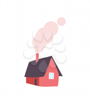 Winter house with chimney, smoke from pipe, vector icon in flat design isolated. Cottage house with door and window, rustic countryside dwelling sign