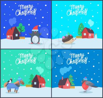 Merry Christmas greeting cards with text sample vector. Penguin wearing Santa Claus hat, hedgehog with needles and toys. Bullfinch standing on horse