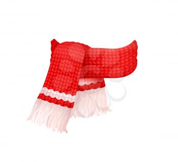 Red knitted scarf with white woolen threads isolated vector icon. Winter cachemire fashion handmade muffler, warm neckerchief accessory, wintertime cloth