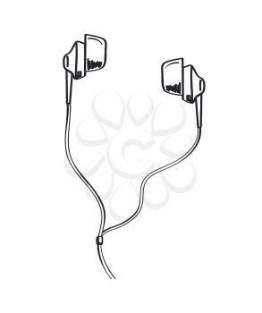 Headphones music listening headset monochrome sketch outline vector line art. Icon of earphones with cable sounds and melody coming out from portable accessory