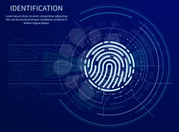 Identification fingerprints poster illuminated data vector. Screen with prints for people to access information. Verification and validation scanning