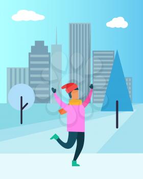 Man in pink sweater, red Santa hat, in warm mittens and cosy boots enjoys snowfall vector illustration poster on cityscape background with skyscrapers