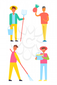 Farmers harvesting men set. People with buckets and hay-fork rake in hands working on land gather ripe vegetables and fruits. Farming person vector