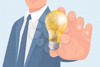 Business idea concept lightbulb and male vector. Worker wearing formal wear suit with tie, new innovative thoughts and solution of problems at work