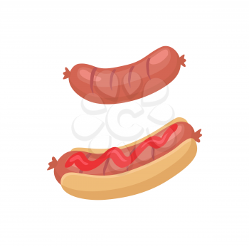 Sausage for barbecue and hot dog icons in cartoon style. One grilled banger and another between buns covered with sauce or ketchup, isolated emblem