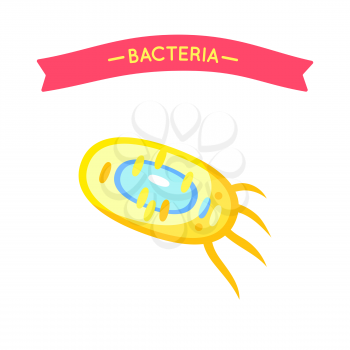 Bacteria poster with yellow organism and ribbon. Molecule macro microbe causing illness. Microscopic bacterium germ icon closeup isolated vector