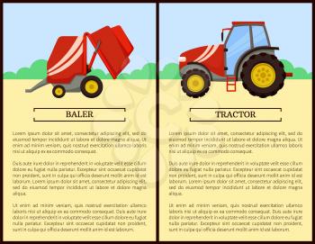 Baler and tractor machines posters. Vehicle for driving and transporting things, agricultural machinery. Mechanized working on farm, farming auto vector