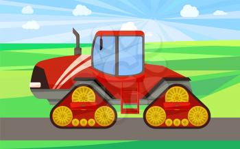 Big tractor on land, machine vector. Truck with gears and wheels working on field. Farming agricultural machinery, automobile equipment on ground