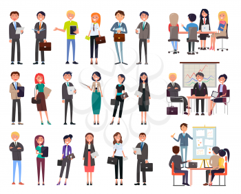 Business meeting, people seminar office workers vector. Businessman and businesswoman, person wearing formal suits and briefcases. Conference of staff