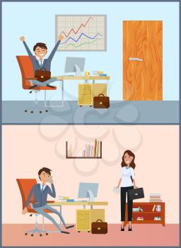 Business room of businessman, client and boss vector. Man talking on phone, woman with briefcase applying to director of company. Manager and lady