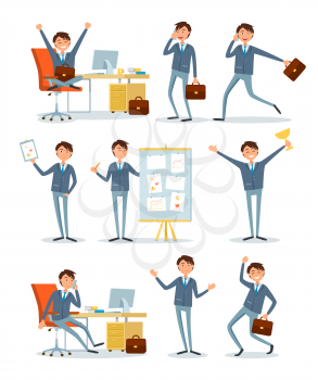 Business people working in office with data vector. Strategy plan company shown by boss, presenter points on details of project. Successful director