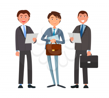 Business affairs, businessmen holding documents vector. Partners looking at details of contract, deal of company directors accomplices. People at work