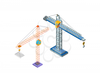 Crane industrial machine, steel tower with hook for lifting blocks icons vector. Building constructions, hoist working. Machinery lift moving capacity