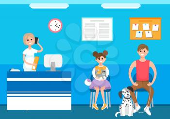 Veterinary clinic reception appointment of patients vector. People at animal hospital, care and treatment of domesticated mammals, cats and dogs cure