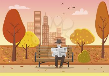 Old man with newspaper in hands sitting on bench in autumn city park vector. Skyscrapers and building infrastructure, trees with leaves falling down