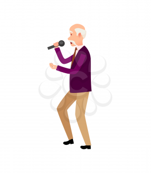 Music performer, old male holding microphone isolated vector. Human wearing formal clothes relaxing at karaoke club, singer vocalist, pensioner solo