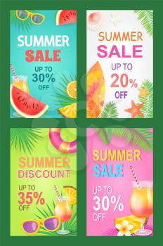 Summer sale posters set offer vector. Proposition and good deal bargain of shop. Sunglasses and cocktail with straw, watermelon juicy fruit with seeds