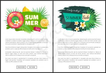 Summertime advertisement labels decorated by orange fruits, exotic flowers, inflatable lifebuoy and piece of pineapple vector web page with text sample