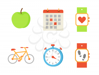 Bicycle and apple fruit set of icons vector. Bike and calendar with highlighted events, wristband with heart rate and steps quantity. Timer and watch