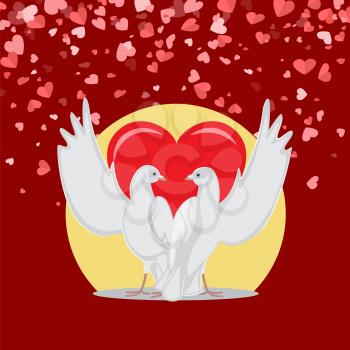 Embracing birds with raised wings look at each others. Doves symbol of love, Valentine postcard with animals decorated by hearts and circle on red vector