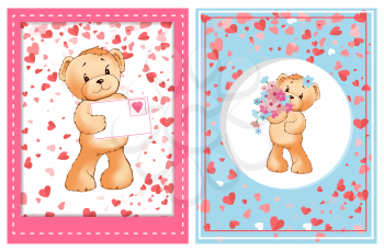 Teddy holding Valentine postcard decorated by pink frame, toy with flowers in center of round adorned by hearts. Romantic card with furry bear vector