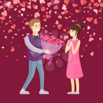 Man giving big bouquet of pink flowers to woman. Surprise for girlfriend, Valentine day, dating people. Card decorated by hearts, holiday greeting vector