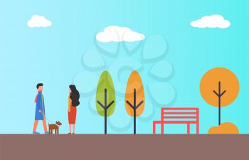 Man waking in park with pet dog. Woman looking at them wishing to get acquainted. Male and female in autumn season spend time outdoors, vector characters