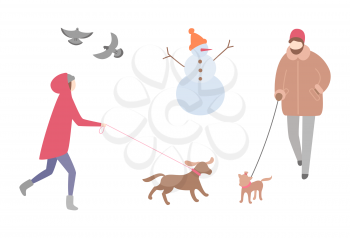 Woman walking dog in winter season activity outdoors vector. Snowman with knitted hat and carrot nose, doves pigeons flying. Person with pet on leash