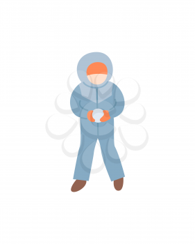 Child making snowball in warm winter-suit with mittens and hat. Kid playing outdoors with snow, vector illustration in flat style , happy boy in winter