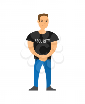 Security standing on entrance strong character vector. Body guard of club, safety person with big muscles, person working in entertaining instance