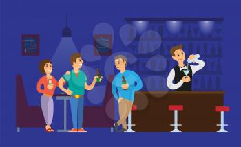 Nightclub bartender pouring alcoholic drinks in glass vector. Man and woman talking to person with bottle of beer, clubbing atmosphere lights and dark