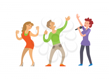 Partying people dancing couple and female singer vector. Clubbing lady and male, boyfriend and girlfriend dancers, singing woman with microphone mic