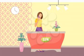 Spa salon reception woman receptionist vector. Lady taking on phone and standing by table. Receiving appointments discussing timing manager at work