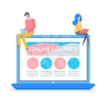 Online courses man and woman reading material vector. People getting ready for lessons, distant education, studying of new subjects and disciplines