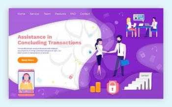 Assistance in concluding transactions webpage with text sample vector. People handshaking, agreeing on deal, personal helper online, hotline support