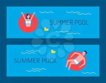 Summer pool people floating in lifebuoy lifeline posters with text set. Man and woman in red saving rings, vacation in summer, female and male vector