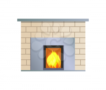 Abstract vector fireplace, colorful illustration with bright flame in square hearth, metal elements, beige bricks, home interior, white background