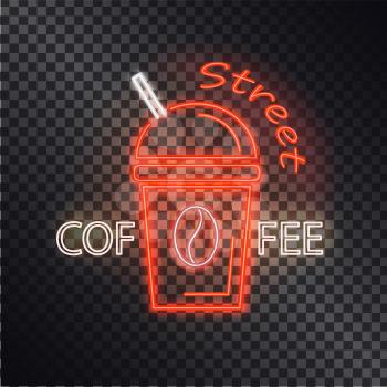 Street coffee neon banner, vector illustration with red cup and white straw, coffee bean logo, colorful text sample, isolated on black background