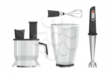 Modern electric kitchen appliances for cooking. Powerful mixer, convenient juice maker and compact blender isolated realistic vector illustrations.