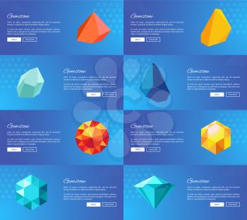 Gemstone geological precious stones vector illustration collection of pages with push-buttons isolated on blue, crystals and minerals online jewelry gems