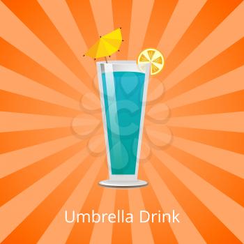 Umbrella drink blue lagoon decorated by umbrella, with slice of lemon, summer refreshing cocktail vector illustration alcohol beverage, rays background