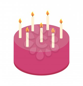 Cake of rounded shape with candles of pink color, Birthday cake, bakery for Birthday, poster with delicious food, isolated on vector illustration