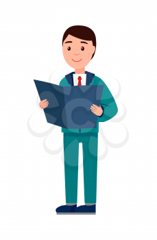 Businessman reading papers, young person busy with work and career development, business tasks and solutions, vector illustration isolated on white