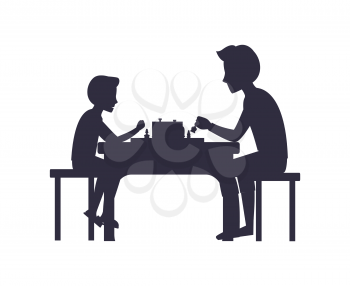 Father and son playing chess sitting on chairs at table black silhouettes isolated on white. Fatherhood dad spend free time with child vector